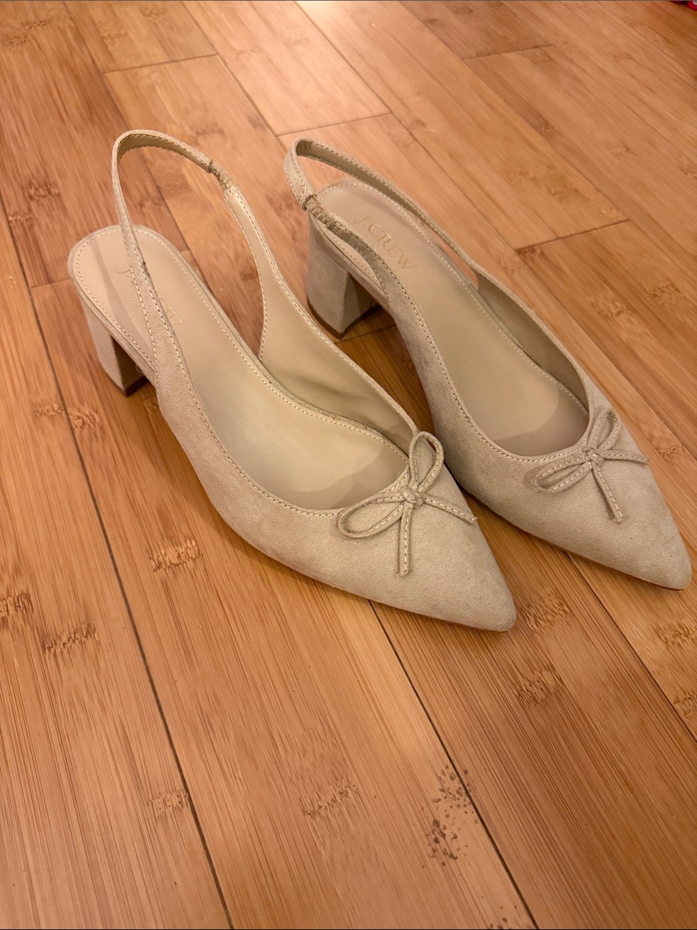 J. Crew Cream Suede Pointed Slingback Pumps with Bow